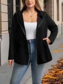 Comfylo 大码女式冬季外套，大码秋季休闲黑色外套，万圣节服装，女式冬季拉链连帽外套，带口袋，飞行员夹克，女式黑色外套，口袋设计，适合秋冬季外出穿着，秋季百搭。 - 黑色 - 查看 9