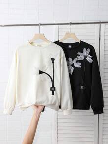Sudadera casual de manga larga, cuello redondo, de corte holgado con decoración floral y gráfico de letra para niñas preadolescentes, otoño - Multicolor - Ver 1