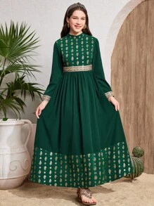 SHEIN Vestido Maxi elegante para adolescentes, verde oliva con patrón retro de hojas metálicas doradas, decorado con cinturón trenzado dorado - Verde Oscuro - Ver 4