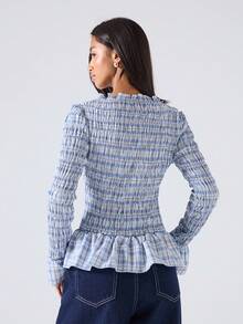 LYSMO 2025 New Arrive Minimalism Fall Women's Casual Plaid Print Flare Sleeve Ruffle Hem Fitted Blouse, Spring/Autumn Autumn Clothes Going Out Top Cozy Season - Multicolor - View 2