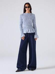 LYSMO 2025 New Arrive Minimalism Fall Women's Casual Plaid Print Flare Sleeve Ruffle Hem Fitted Blouse, Spring/Autumn Autumn Clothes Going Out Top Cozy Season - Multicolor - View 3