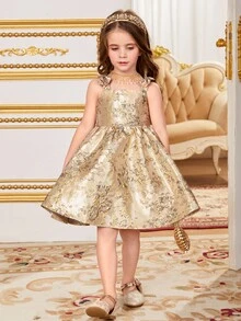 SHEIN 年轻女孩甜美可爱提花无袖公主裙 - 金色 - 查看 3