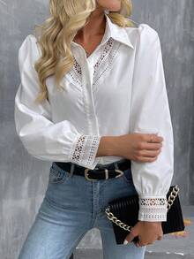 SHEIN LUNE 2025 Early Autumn/Winter New Arrival: French Fashionable Elegant Business Casual Women's White  Fall Clothes.Classic Elegant Shirt-Collar Design Niche Lace Trim & Hollow Long Sleeve Blouse With Exquisite Cutout Details .Old Money Style Button-Up Blouse. - White - View 6