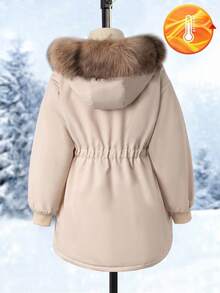 SHEIN Parka de niña para otoño/invierno, nueva llegada, con cuello de piel, bolsillos grandes, con capucha, cintura ajustada, moda minimalista, abrigo de algodón de largo medio