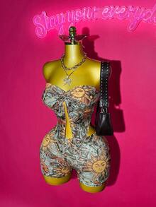 Slaydiva 2025 Summer New Arrival Halter Twist Hem Crop Top And Bodycon Shorts Set, Bohemian Sunflower Print, Suitable For Birthday Party, Back To School, Daily Casual, Vacation, Cruise, Beach, Sunbathing, 2-Piece Outfit For Women