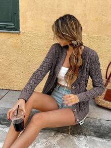 Breezaya Áo len cardigan dệt kim tay dài khoét lỗ một hàng khuy trơn màu dành cho nữ - Cà phê nâu - Xem 3