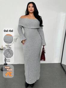Firerie Vestido de suéter de manga larga con hombros descubiertos y unicolor para tallas grandes - Gris - Ver 8