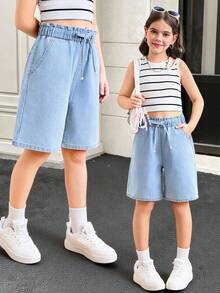 SHEIN Tween Girls Spring Summer Basic Casual Light Washed High Waisted Loose Fit Ruffle Waist Drawstring Denim Long Shorts With Bowknot And Rolled Hem Pockets,Girls Summer Beach Boho Vacation Comfortable Shorts Outfits,Summer Rave Concert Festival College Style Outfits - Light Wash - View 7