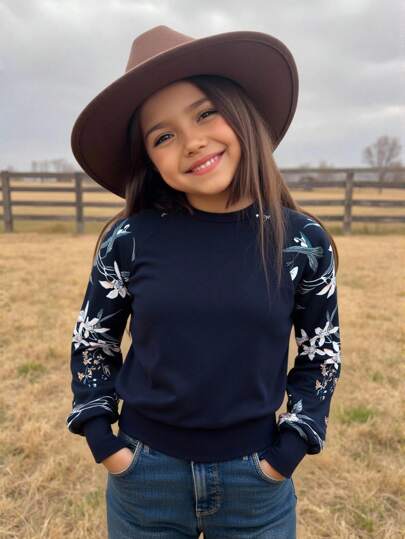 SHEIN Emery Rose Kids Tween Girl Floral Print Raglan Sleeve Sweatshirt,In Fall/Winter