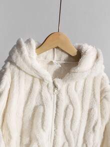 SHEIN 女童休闲时尚双面针织羊毛连帽夹克，3D 耳朵装饰，长袖拉链松紧腰中长款舒适外套 - 杏色 - 查看 4