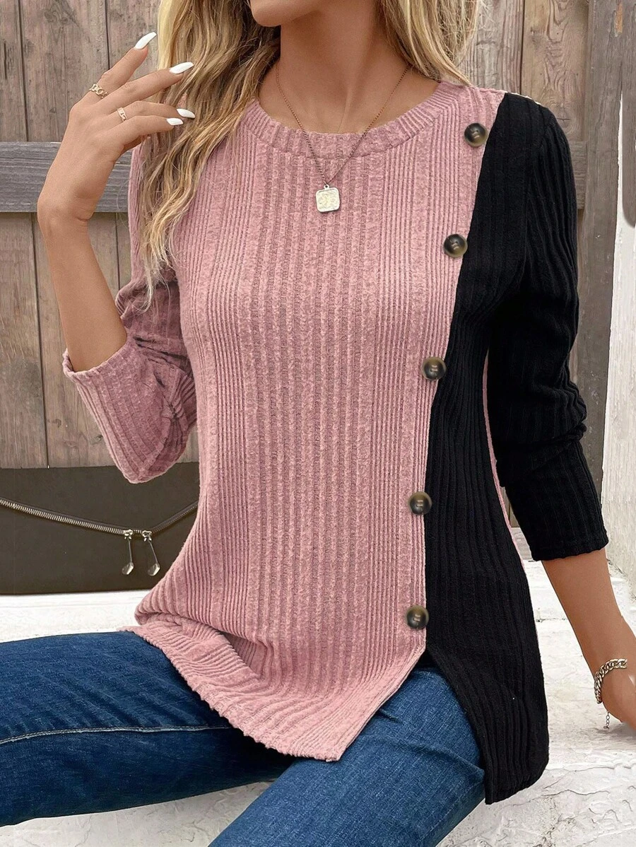EMERY ROSE Women's Contrast Color Ribbed Long Sleeve T-Shirt For New Year Clothes Graphic Tees Women Tops For Spring - Pink - View 1