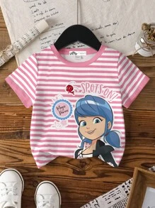 Miraculous Ladybug X SHEIN Young Girl Striped Figure Graphic Round Neck Short Sleeve T-Shirt, Summer - White - View 6