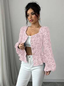 Elenzga Áo cánh tay đèn lồng họa tiết hoa jacquard thanh lịch dành cho nữ, áo peplum mùa thu - Hồng - Xem 7