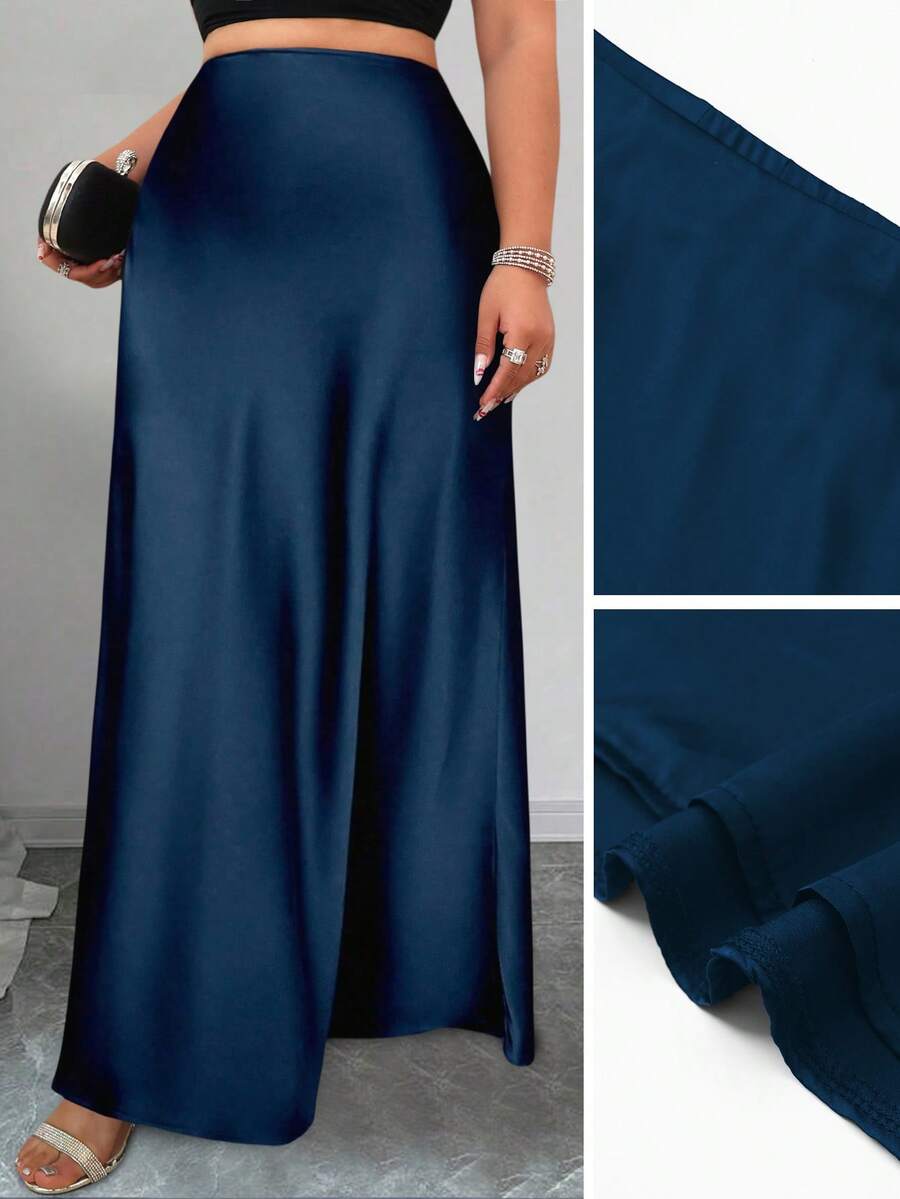 SHEIN PETITE CURVE Váy satin đa năng thanh lịch cỡ lớn dành cho nữ, kiểu dáng nữ tính - Màu xanh hải quân - Xem 1