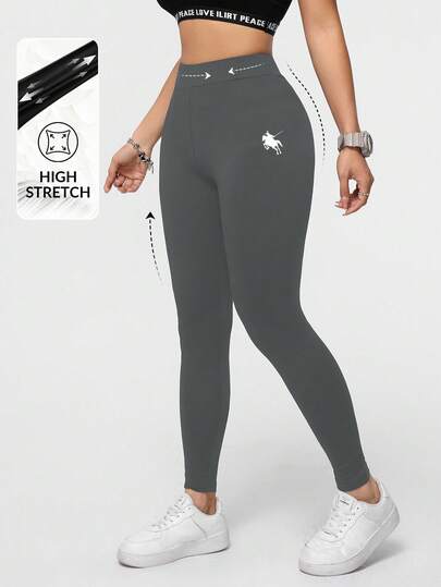 SHEIN Essnce Equestrian Sports Pattern High Waist Skinny Women's Long Leggings, Suitable For Spring/Summer Women's Sportswear,Fall
