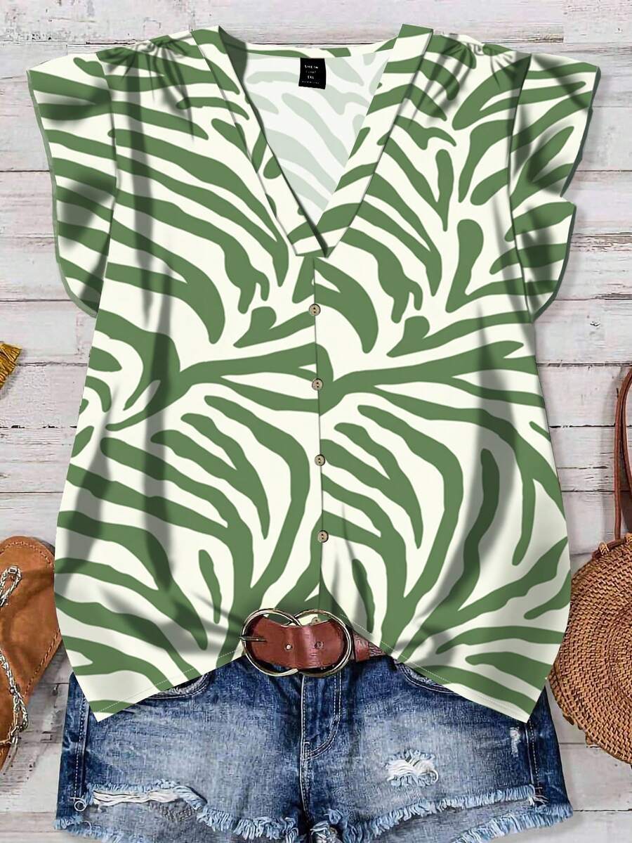 EMERY ROSE 休闲动物纹理V领女衬衫，适合夏季 - 綠色 - 查看 1