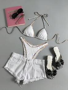 Swim Vcay Springbreak 2025 女士休闲运动方领交叉后背平角短裤连体泳衣 - 白色 - 查看 2