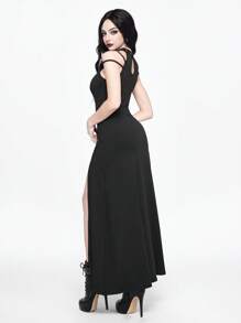 ROMWE Goth 女士时尚朋克拼布渔网吊带紧身开衩中长连衣裙 - 黑色 - 查看 3