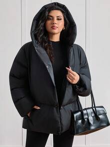 EURMUSE Plus Size Quilted Padded Coat With Big Hood – Blackout Chillcore Edit - Black - View 5