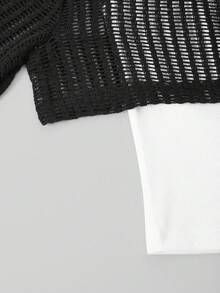 SHEIN Explorewe 青少年女孩长袖仿层网眼和罗纹拼布 T 恤