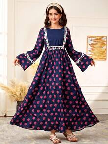 SHEIN Teen Girls Navy Blue Rose Woven Print Patchwork, Flared Sleeves, Tassel Belt Casual Dress, Ramadan, National Day, Eid Al-Fitr, Eid Al-Adha - Royal Blue - View 1