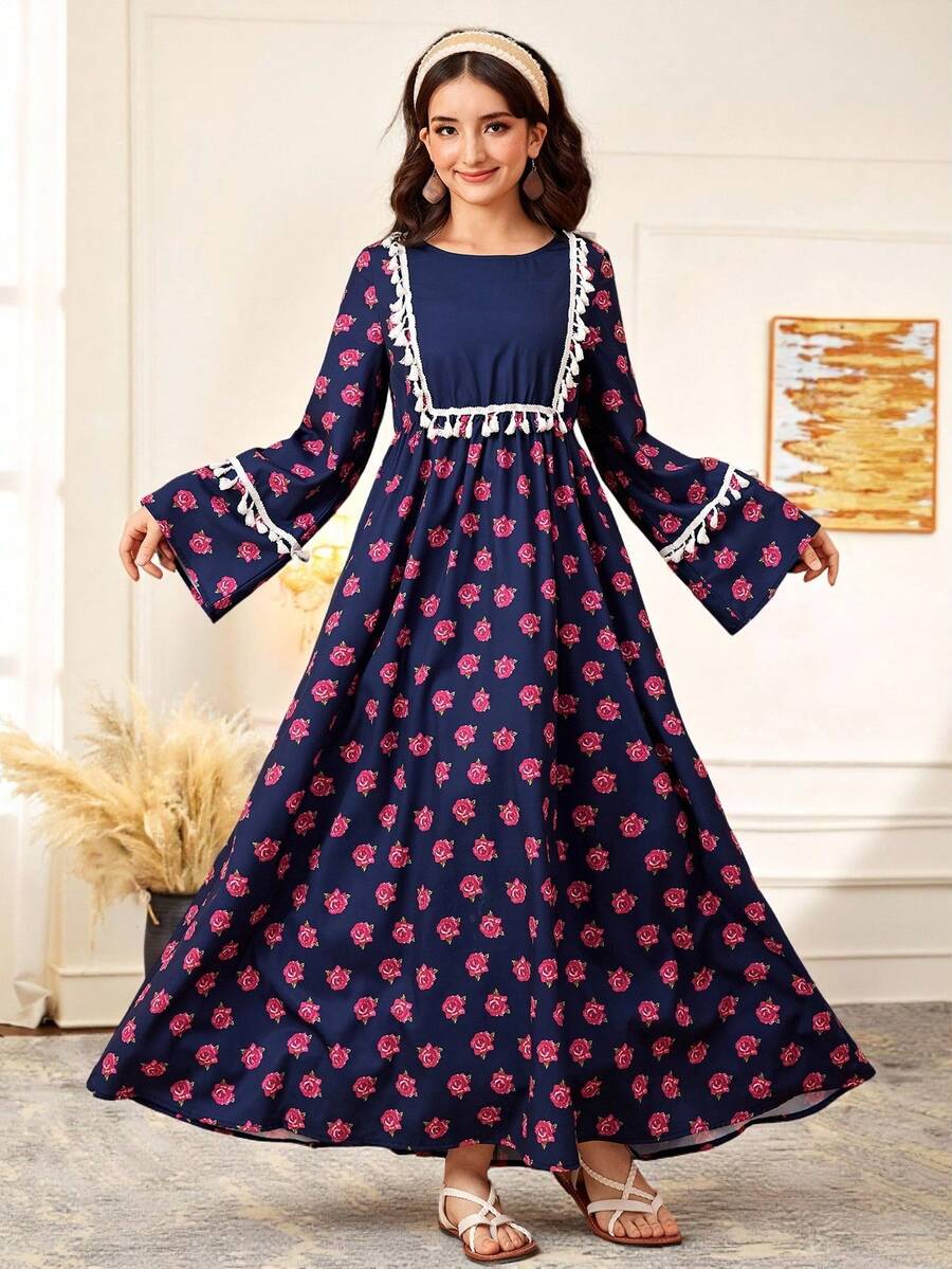 SHEIN Teen Girls Navy Blue Rose Woven Print Patchwork, Flared Sleeves, Tassel Belt Casual Dress, Ramadan, National Day, Eid Al-Fitr, Eid Al-Adha - Royal Blue - View 1