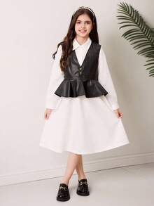 Sparklyn Christmas,Halloween Clothing For Kids,Winter,Wednesday,Black Dress,Tween Girls Fashion Camisole & Collared Dress Set - Black and White - View 3