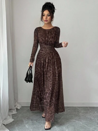 Rafferiza Women's Elegant Leopard Print Mesh Round Neck Gathered Waist Waist Long Sleeve Long Dress See-Through Mesh Adjustable Waist Dress Autumn And Winter Maxi Dressautumn Fall Clothes For Women Fall Autumn Clothes Fall Outfits For Women Autumn Outfits For Women Autumn Outfits For Women Fall Clothes  Elegant Dresses For Women Elegant Dress For Women Elegant Dress Elegant Dresses For Party  Elegant Dress Women Party Dress Long Party Dresses Wedding Guest Dress For Women  Wedding