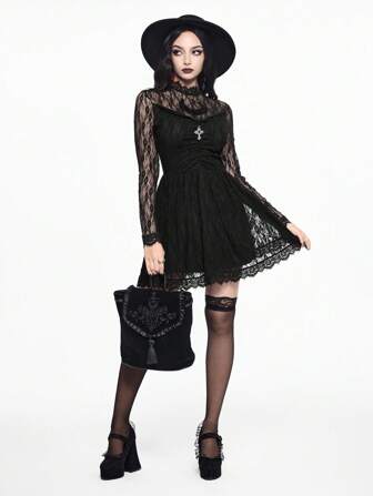 Gothic Style Moon Embroidered Lace Mini Dress For Women