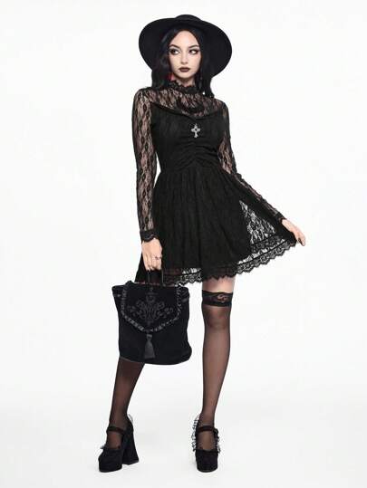 Gothic Style Moon Embroidered Lace Mini Dress For Women