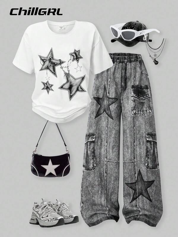 SHEIN Set de 2 piezas para niñas preadolescentes: Camiseta de manga corta de cuello redondo blanca con estampado de cadena de estrella + Pantalones anchos de pierna ancha con estampado, de ajuste holgado, adecuado para el verano