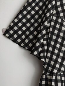 Linhara 大码女式格子蝴蝶结前短袖格子衬衫，收腰休闲复古乡村时尚上衣 - 黑與白 - 查看 3