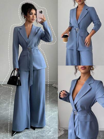 Elenzga 2025 Spring/Autumn New Fashion Elegant Casual/Office Commute Metal Buckle Waist Long Sleeve Jacket + Straight Loose Wide Leg Pants Suit Set Fall Cloth For Women