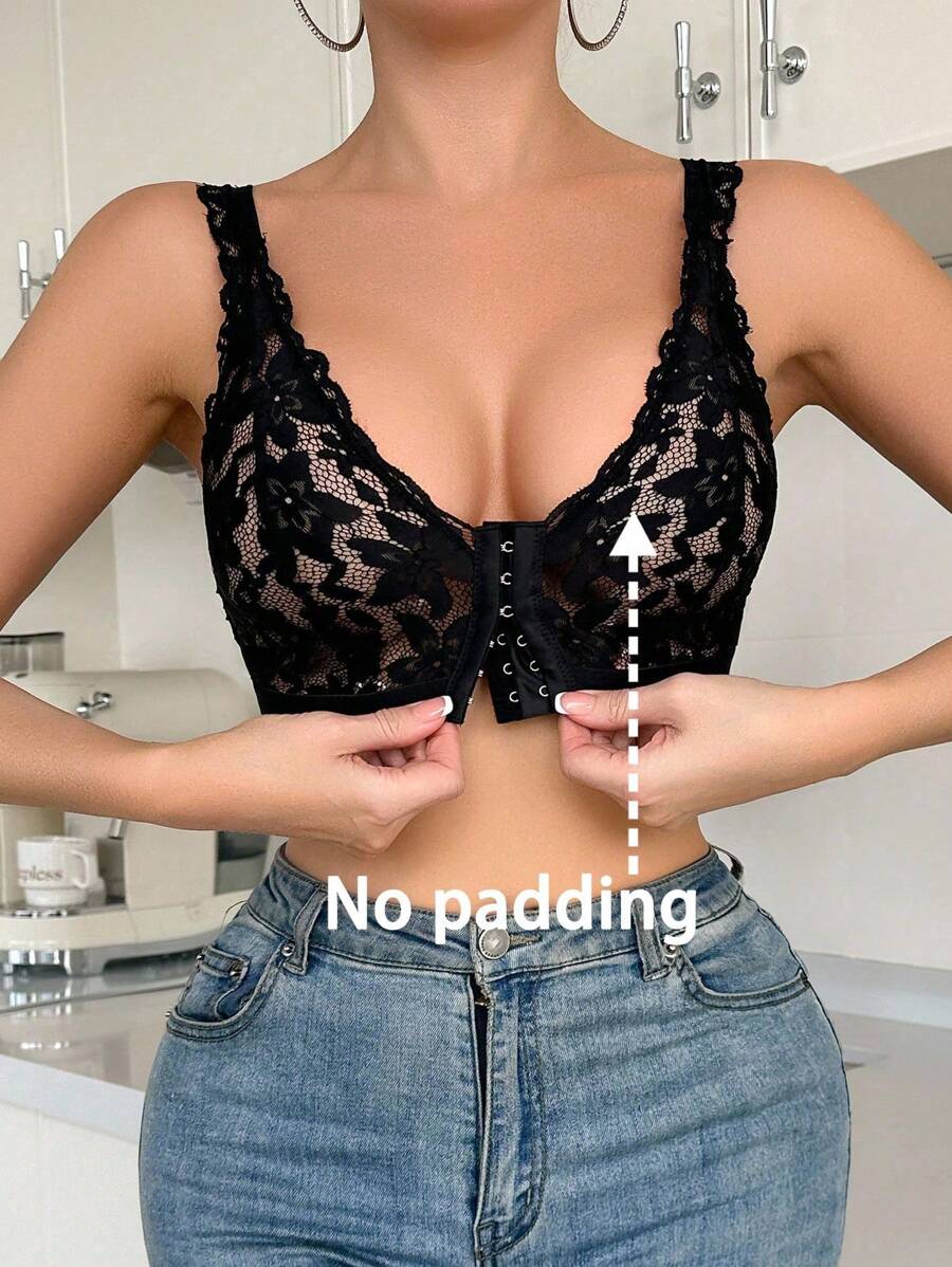 SHEIN 1pc Women Front Closure Lace Bra, Semi-Sheer - Black - View 1