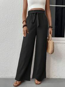 SHEIN LUNE Nếp gấp cao eo Thắt lưng Quần chân thẳng - màu đen - Xem 6