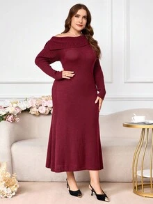 Modelyn Plus Size Women Faux Cashmere Off-Shoulder Bodycon Dress Winter Fall Autumn - Burgundy - View 5