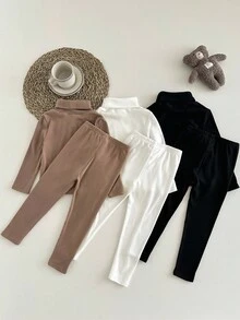 LMoss Kids LMoss 6pcs Young Girl Solid Color Knit Stand Collar Casual T-Shirt&Pants Set, Family Matching, Versatile Winter Clothes For Young Girls, Sister And Me Leggings - Multicolor - View 2