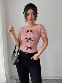 Elenzga Women's Hollow Out Soft Rope Knit Bow Decor Pullover Top, Suitable For Beach - Pink - View 4