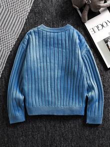 SHEIN 青少年男童休闲半高领套头长袖纹理针织毛衣，适合学校、花园、海滩、生日、春季、夏季、秋季、冬季 - 藍色 - 查看 6