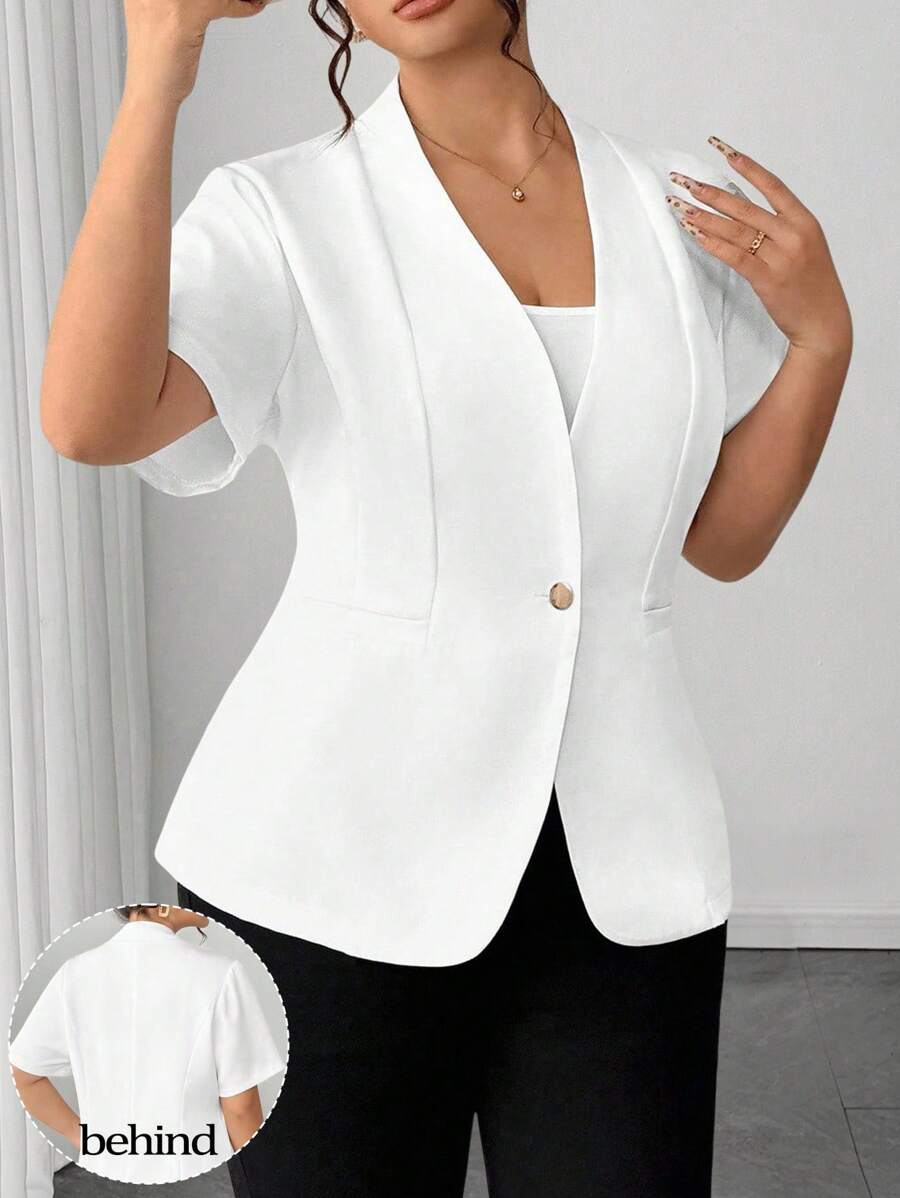 Elenzga Blazer blanco casual de estilo francés de manga corta, de tela rígida y abotonadura sencilla para mujer de talla grande