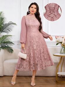 Modelyn Plus Size Pink Lace Patchwork Long Sleeve Dress