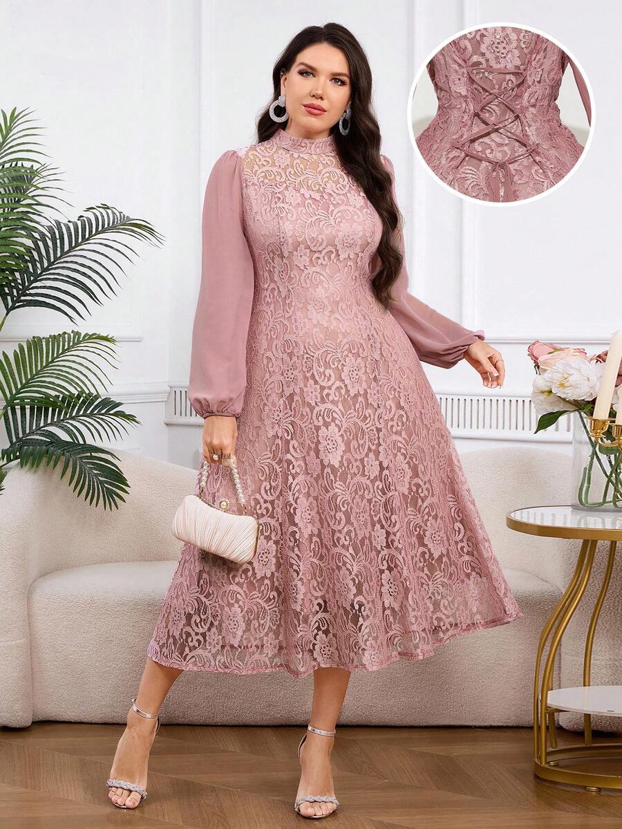 Modelyn Plus Size Pink Lace Patchwork Long Sleeve Dress