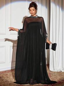 Cravure Christmas Plus Size Women's Luxury Party Gothic Prep Style 2 Pieces Set: Black Mesh Puff Pearl Decorated Cropped Top And Fitted Long Dress Halloween