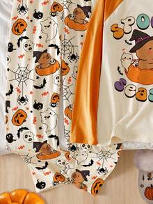 青少年女孩万圣节主题卡通土拨鼠与鬼魂印花睡衣套装，杏色圆领插肩袖上衣，搭配撞色橙色袖子和衣领，杏色裤子，舒适家居服 1 套 - 杏色 - 查看 6