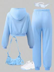 SHEIN ChillGRL Teen Girl 2pcs Cartoon Print Hoodie Jacket And Pants Set - Blue - View 2