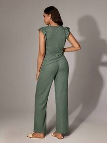 Lazeform Women's Casual Solid Color Waffle Ruffle Trim Short Sleeve Jumpsuit Women Lounge Set Sage Green Lounge Set