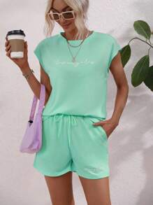 SHEIN LUNE Letter Graphic Batwing Sleeve Tee & Drawstring Waist Shorts - Mint Green - View 4