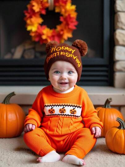 SHEIN Newborn Baby Boy/Girl Cute Pumpkin Cartoon Pattern Long Sleeve Sweater Romper, Versatile For Autumn/Winter, Halloween Costume