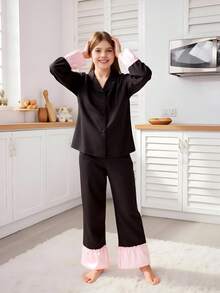 2pcs Elegant & Sweet Solid Color Girls' Long Sleeve Top And Pants Homewear Set Girls Pajama Set - Black - View 6