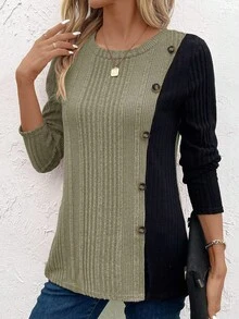EMERY ROSE Women's Contrast Color Ribbed Long Sleeve T-Shirt For New Year Clothes Graphic Tees Women Tops For Spring - Multicolor - View 5
